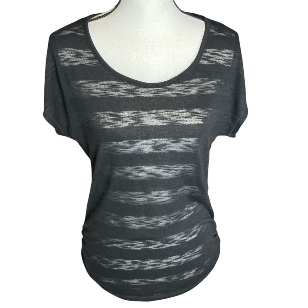 Maurices Black Burnout Stripe Top Women Size Medium Ruched Side Dolman Sleeve